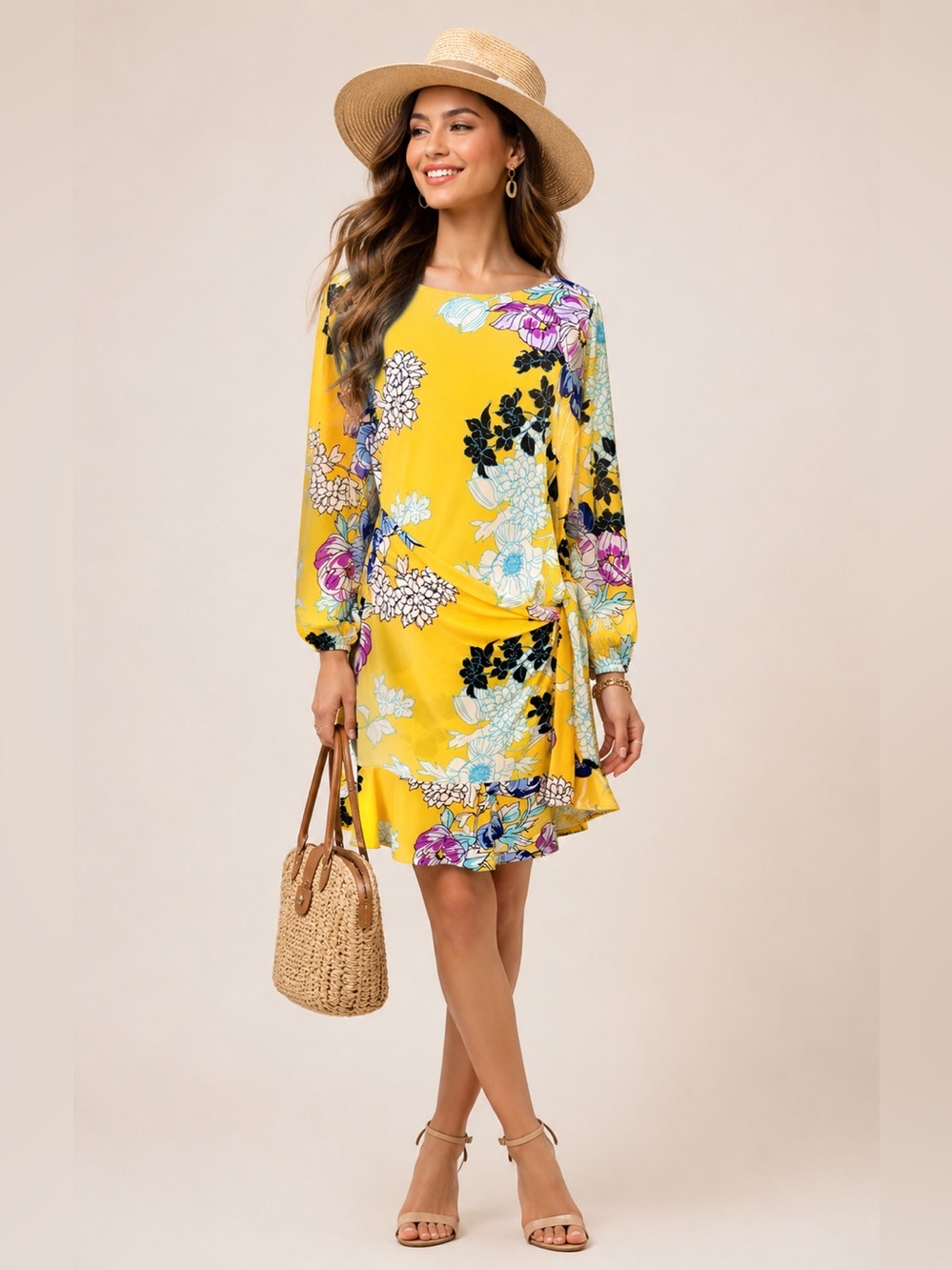BEIGE by ECI Yellow floral dress w/bell sleeves sz Large